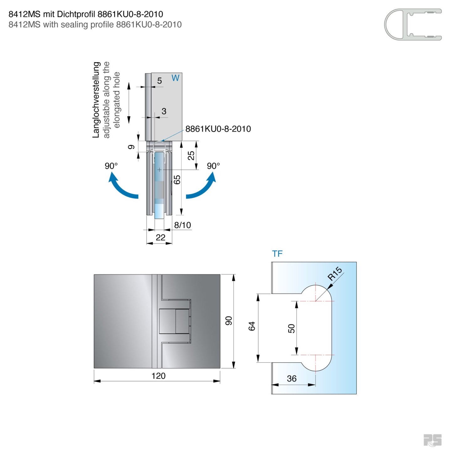 Pontere douchescharnier wand/glas 180° - 8412 - Technische Tekening