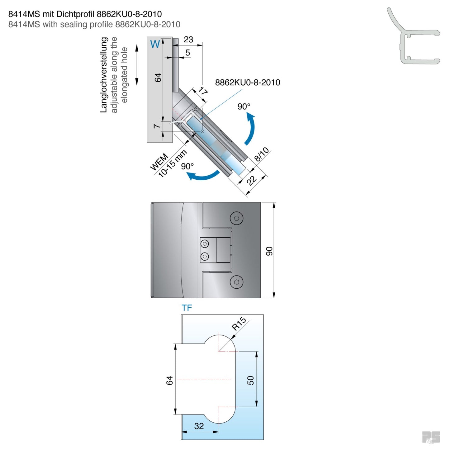 Pontere douchescharnier wand/glas 135° - 8414 - Technische Tekening