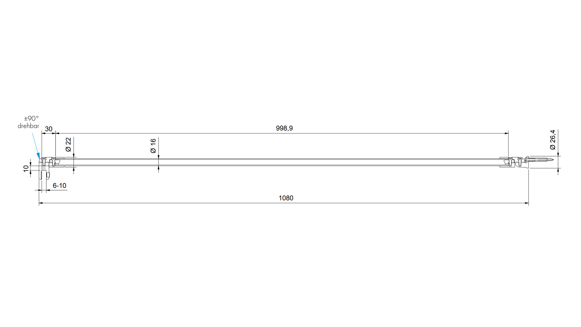 Stabilisatiestang set glas-wand 1000 mm verstelbaar - 8744 - Technische Tekening