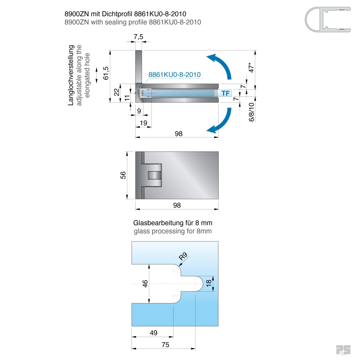 Fardello douchescharnier wand/glas 90° - 8900 - Technische Tekening