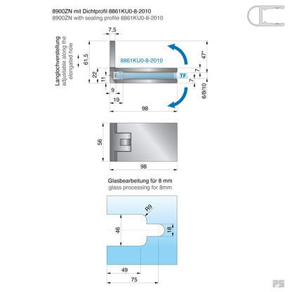 Fardello douchescharnier wand/glas 90° - 8900 - Technische Tekening