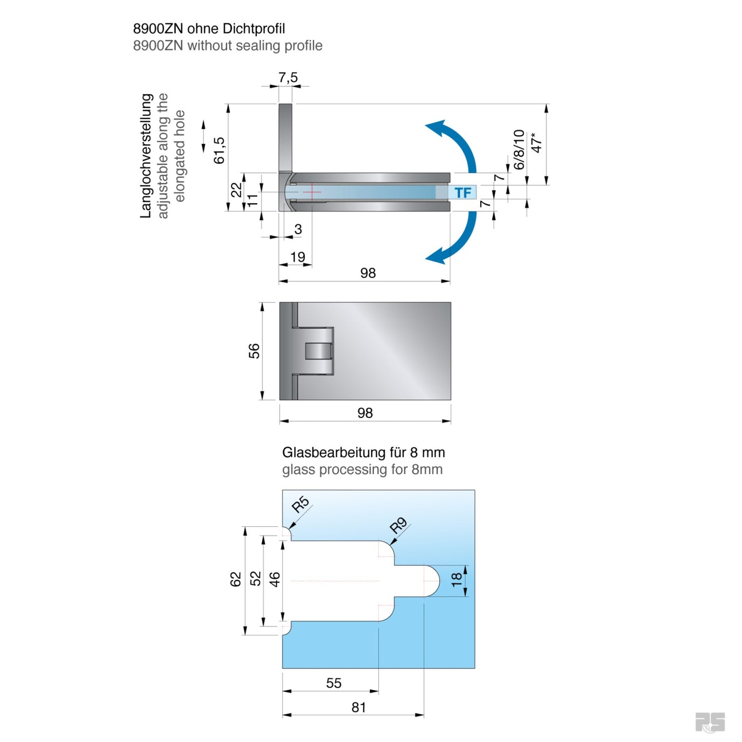 Fardello douchescharnier wand/glas 90° - 8900 - Technische Tekening