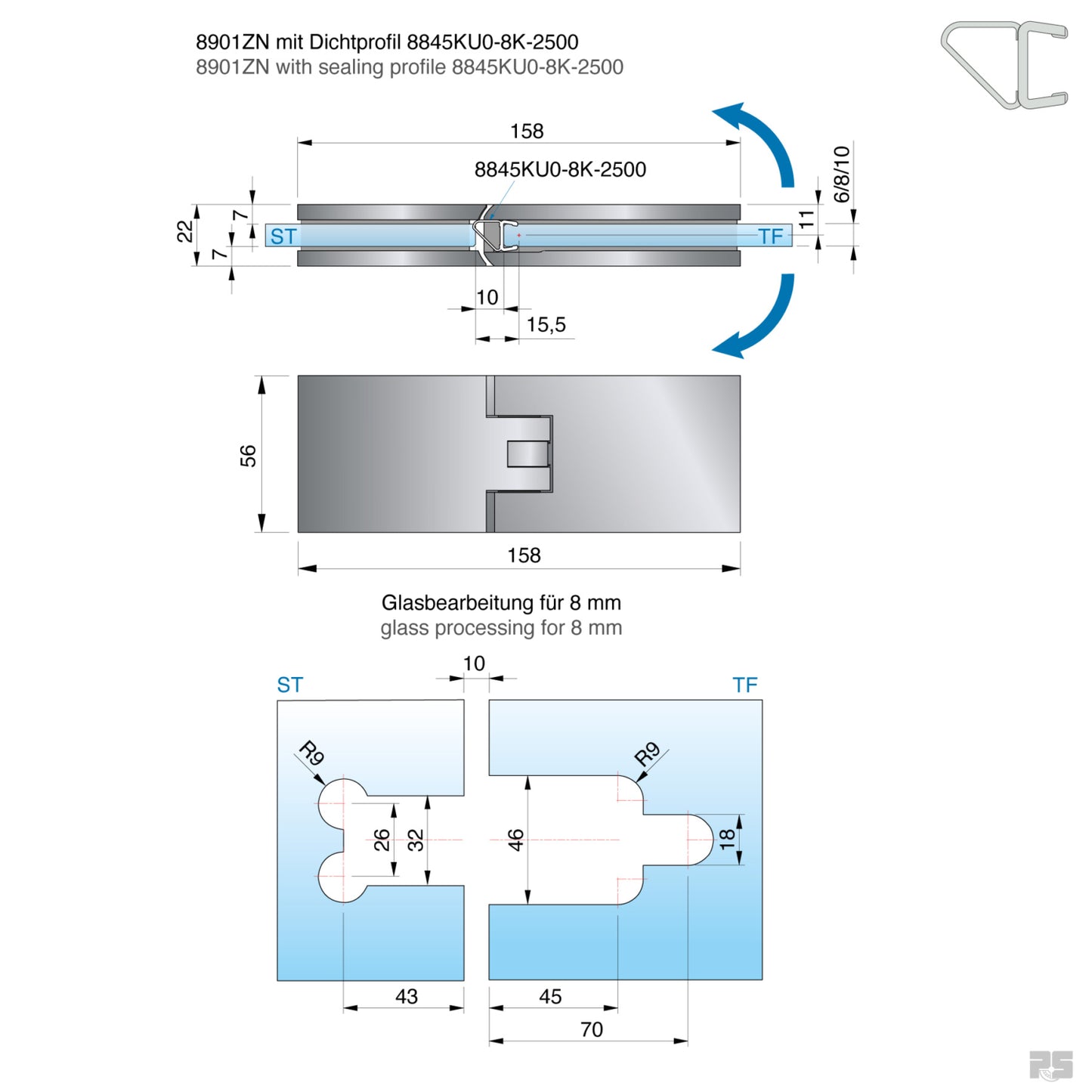 Fardello douchescharnier glas/glas 180° - 8901 - Technische Tekening