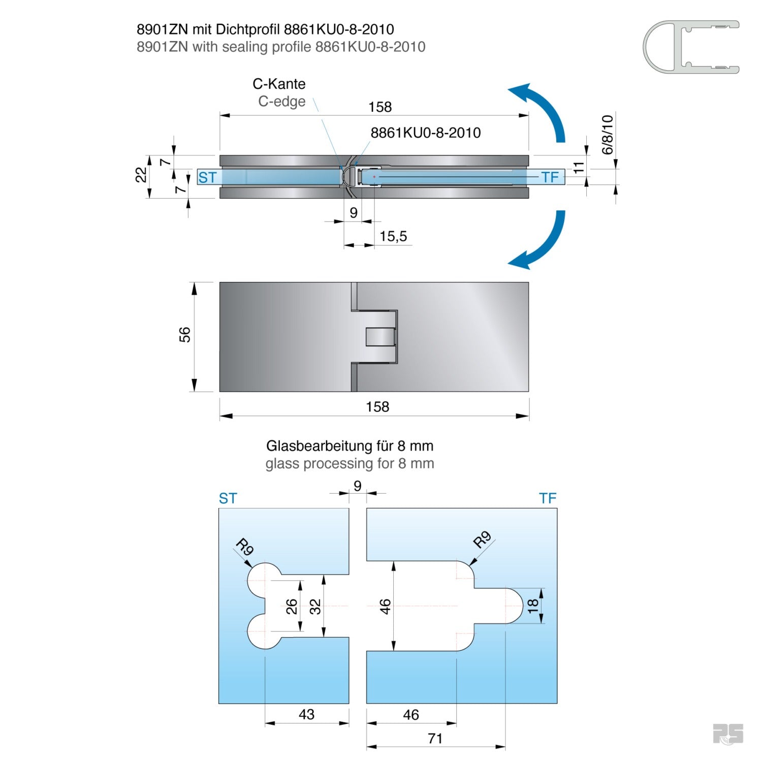 Fardello douchescharnier glas/glas 180° - 8901 - Technische Tekening