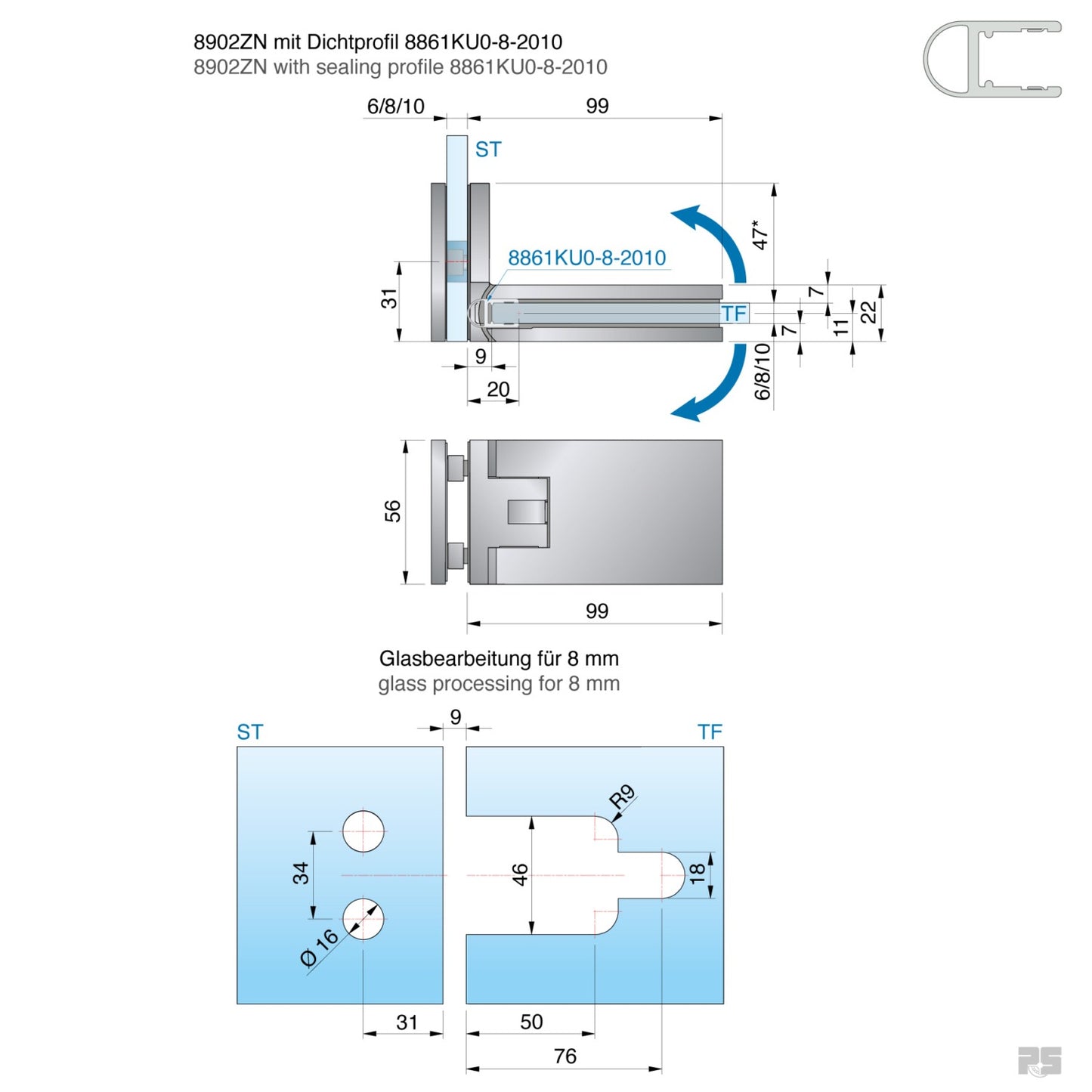 Fardello douchescharnier glas/glas 90° - 8902 - Technische Tekening