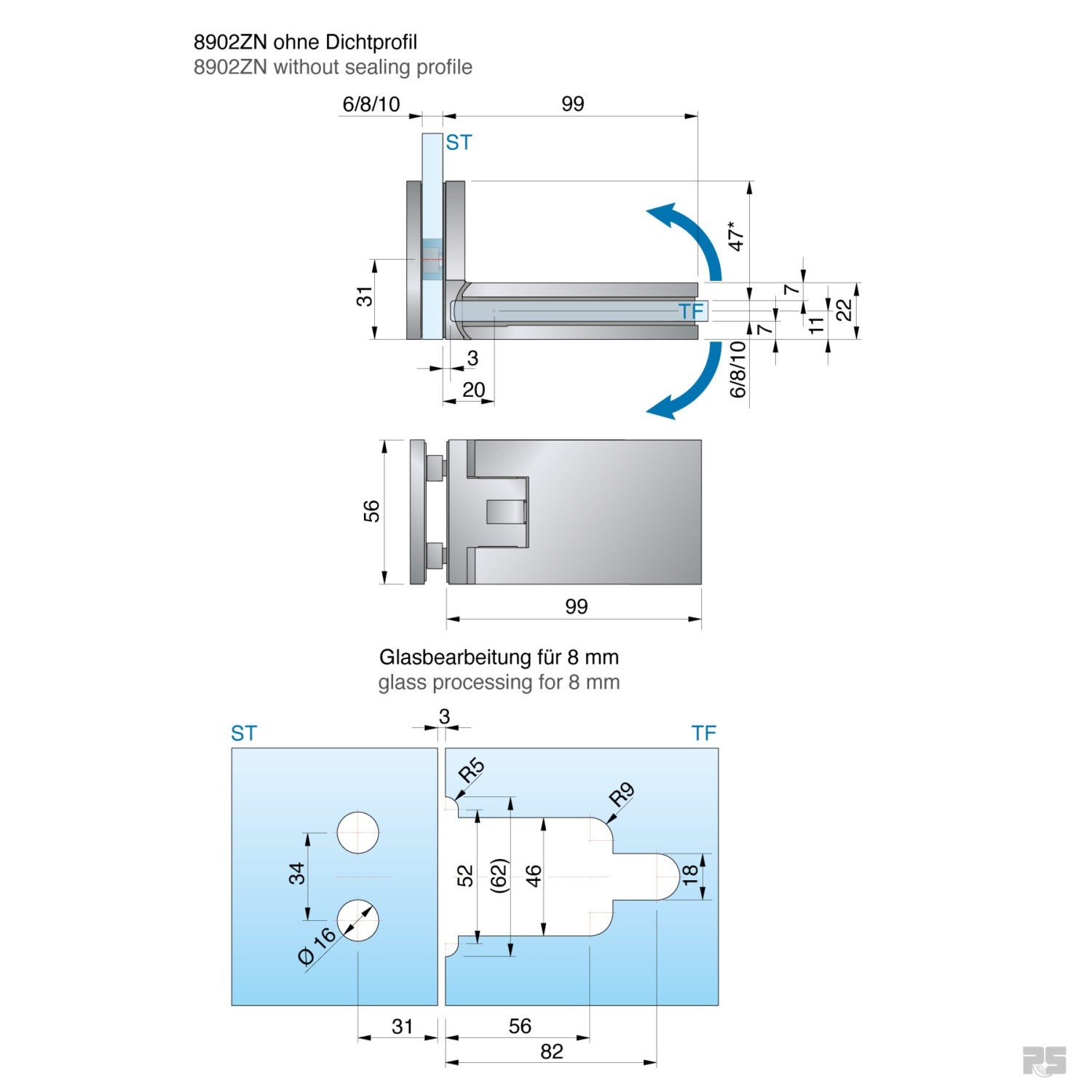 Fardello douchescharnier glas/glas 90° - 8902 - Technische Tekening