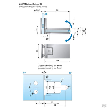 Fardello douchescharnier glas/glas 90° - 8902 - Technische Tekening