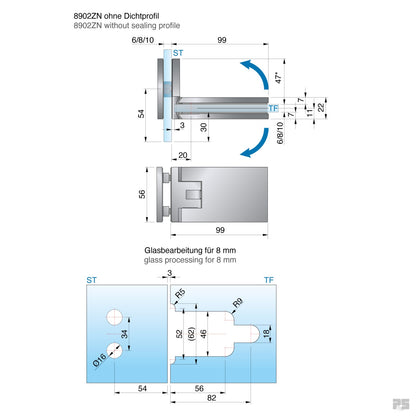 Fardello douchescharnier glas/glas 90° - 8902 - Technische Tekening