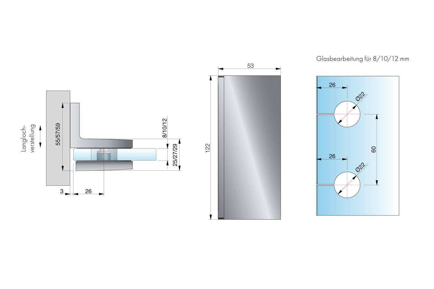 Tura glasklem wand/glas 90° - 8968 - Technische Tekening
