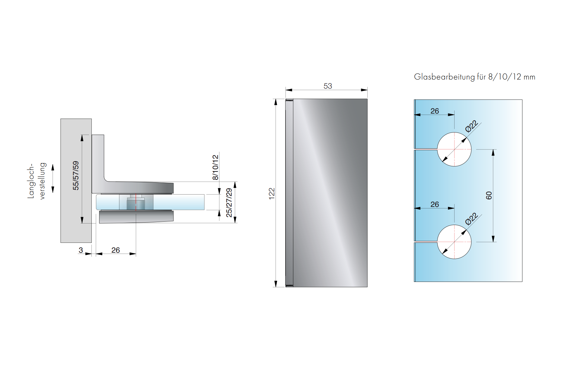 Tura glasklem wand/glas 90° - 8968 - Technische Tekening