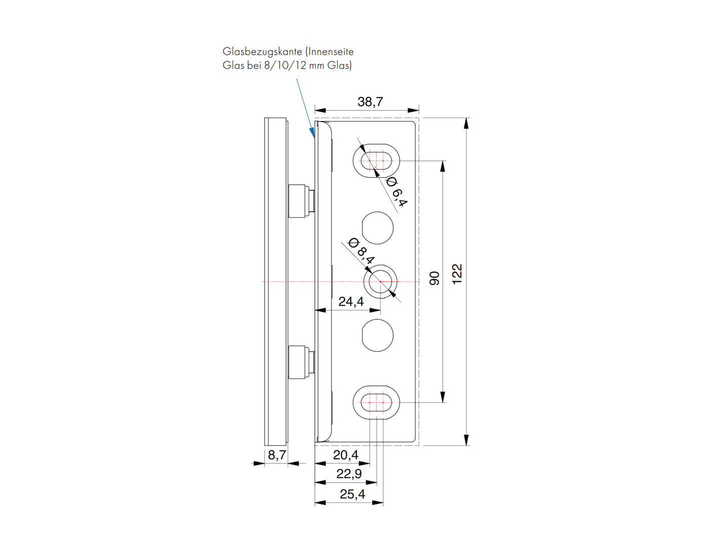 Tura glasklem wand/glas 90° - 8968 - Technische Tekening