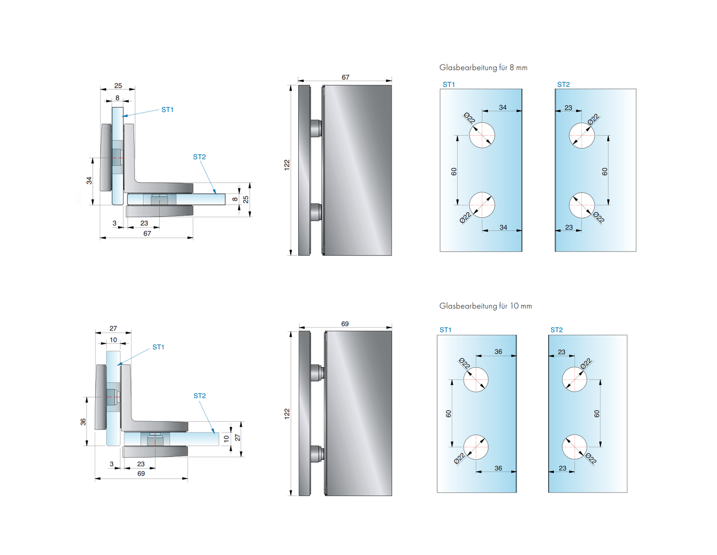 Tura glasklem glas/glas 90° - 8969 - Technische Tekening