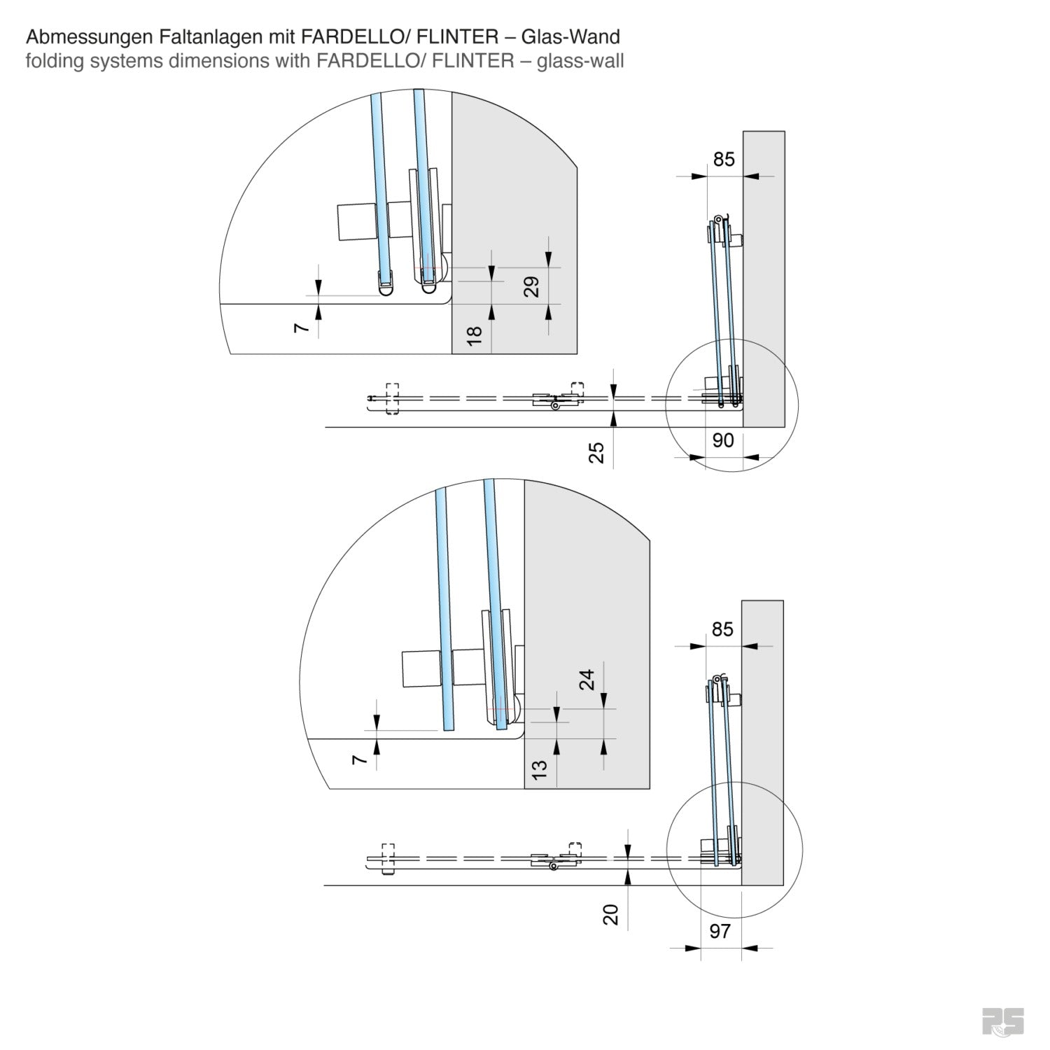 Fardello douchescharnier wand/glas 90° - 8900 - Technische Tekening