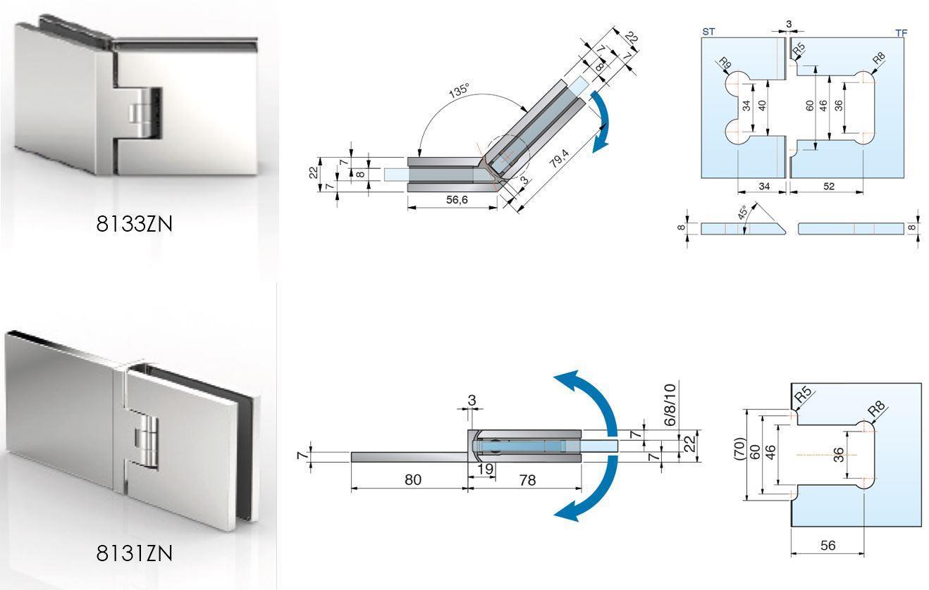 Flamea+ douchescharnier wand/glas 180° - 8133 - Technische Tekening